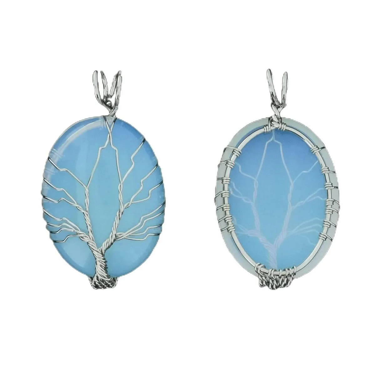 Fashion Waterdrop Crystal Necklace Wire Wrapped Tree Of Life Stainless Steel Natural Stone Necklace Jewelry