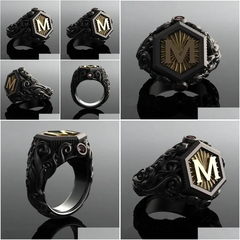 wedding rings classic retro black men gold filling carving m letter signet steampunk for birhday gift party gothic jewelry