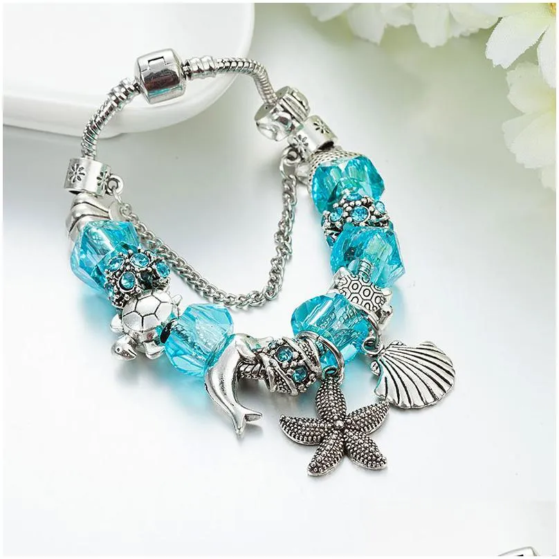 new starfish charm bracelets dropshipping pink blue crystal star bead bracelet bangle for women diy jewelry gift