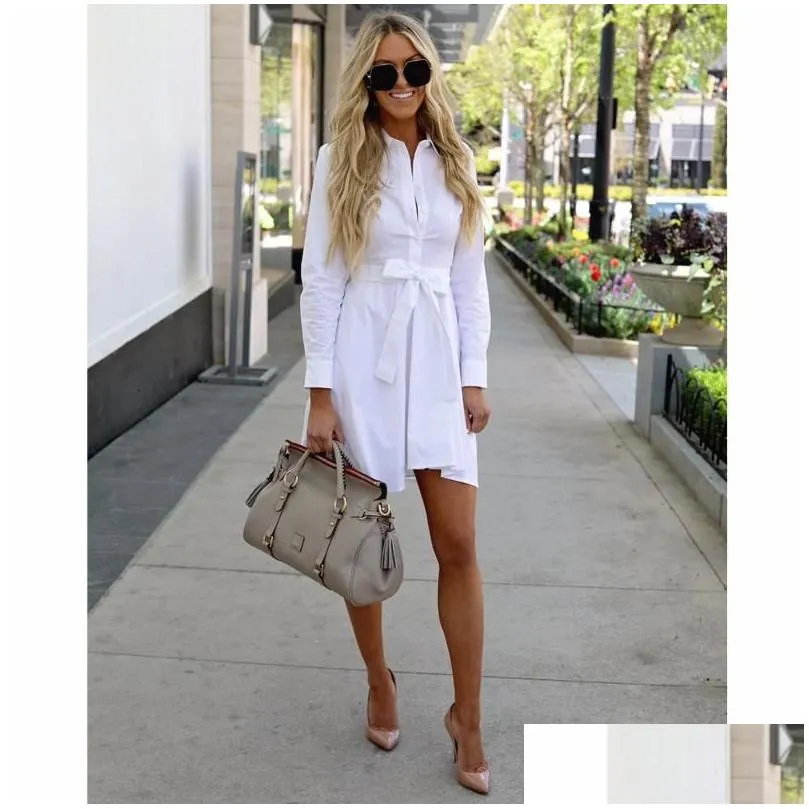 Women White Long Sleeve Shirt A-line Dress Summer Elegant Woman Bloues Clothing Fashion