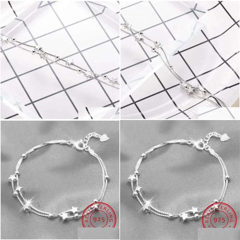 other bracelets 100% 925 solid real sterling silver fashion double layer star beads bracelet 17cm for women girl jewelry ds1211other