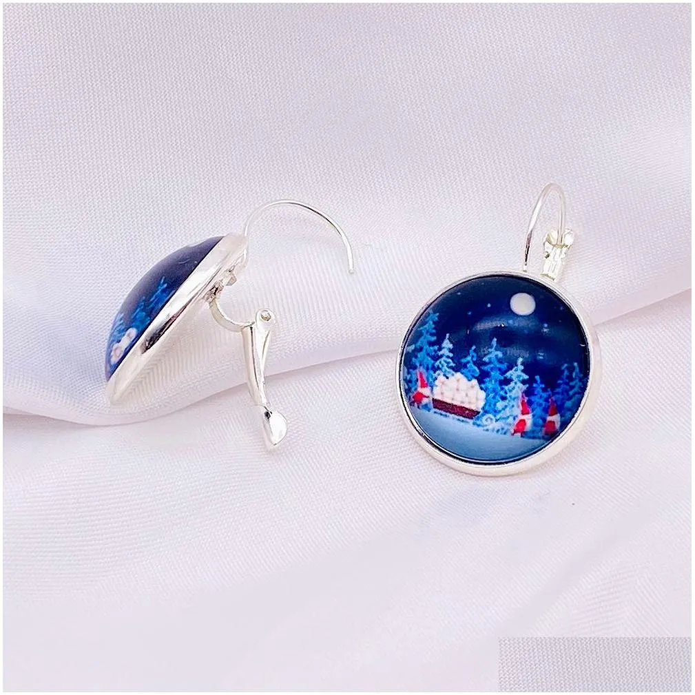 blue glass cabochon time gem elk christmas tree cartoon snowflake bell santa claus stud earrings for girl fashion jewelry gifts