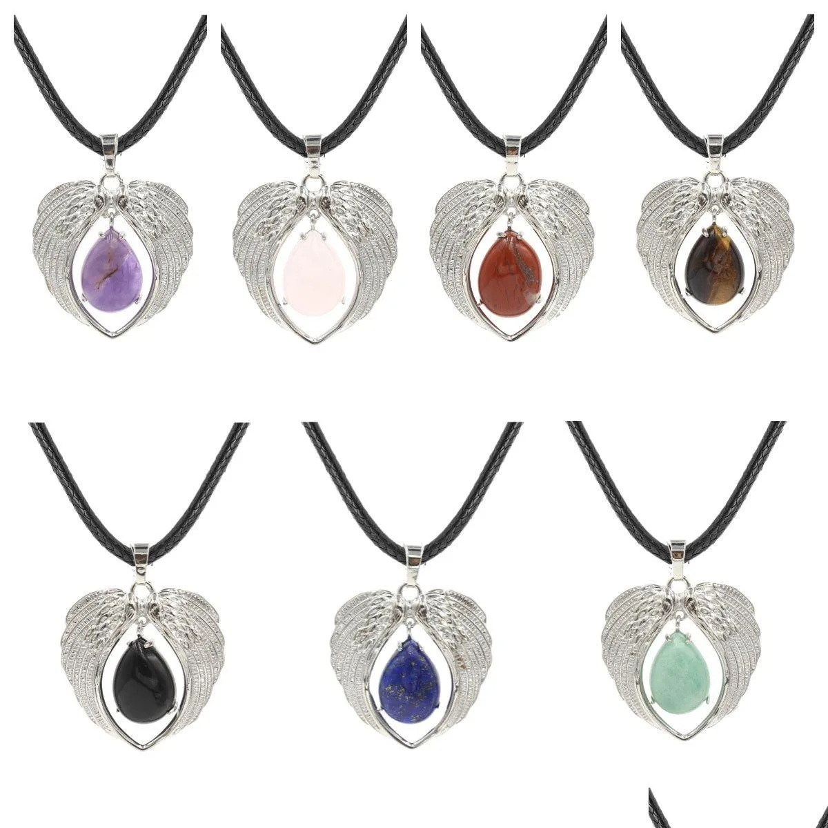 Silver Alloy Heart Gemstone Pendant Necklace Angle Wings Teardrop Stone Choker Healing Chakra Crystal Jewelry