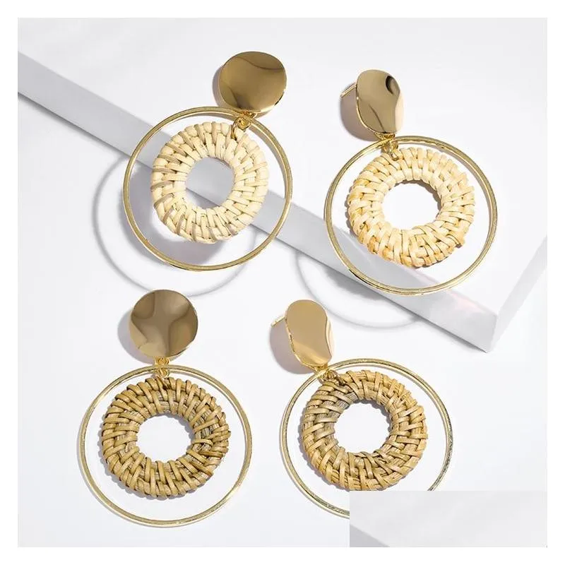 Women`s Dangle chandelier rattan Earrings girls` handmade bamboo woven pendant type lightweight geometric pattern