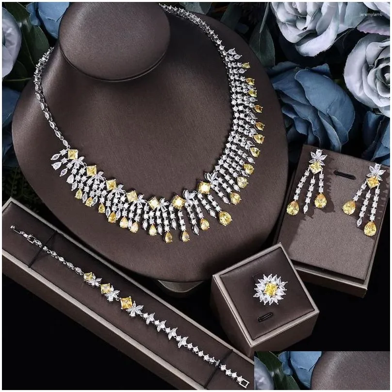 necklace earrings set ingenious luxury 4pcs bridal arab jewelry for women party in yellow green crystal dubai wedding full