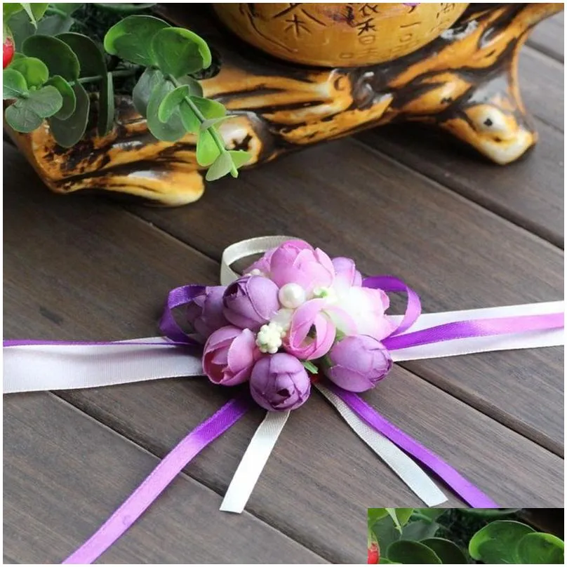 wholesale wrist corsage bridesmaid sisters hand flowers artificial silk lace bride flowers for wedding party decoration props