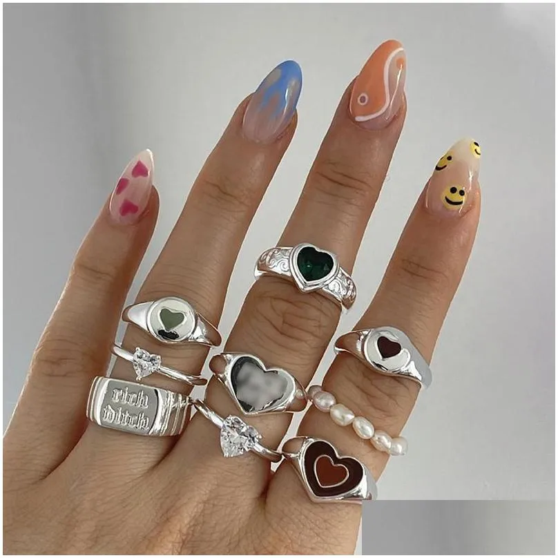 cluster rings 2022 y2k jewelry multilayer drip oil heart for women metal punk hiphop vintage goth charms 90s aesthetic gift