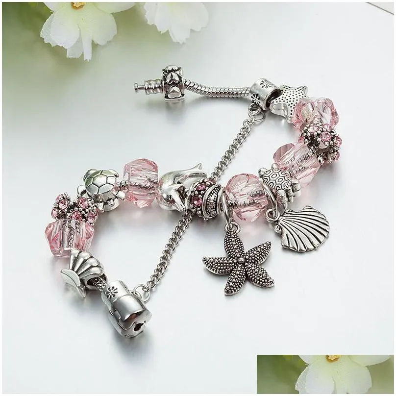 new starfish charm bracelets dropshipping pink blue crystal star bead bracelet bangle for women diy jewelry gift