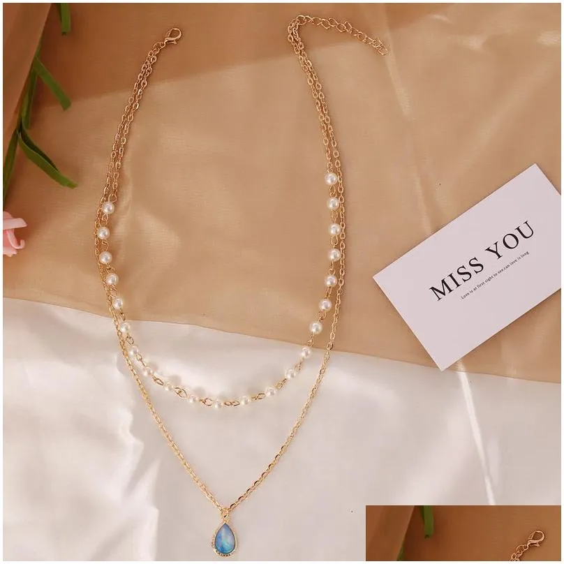 elegant imitation pearl water drop semi-precious stone pendant necklace women vintage geometric clavicle necklaces jewelry gift