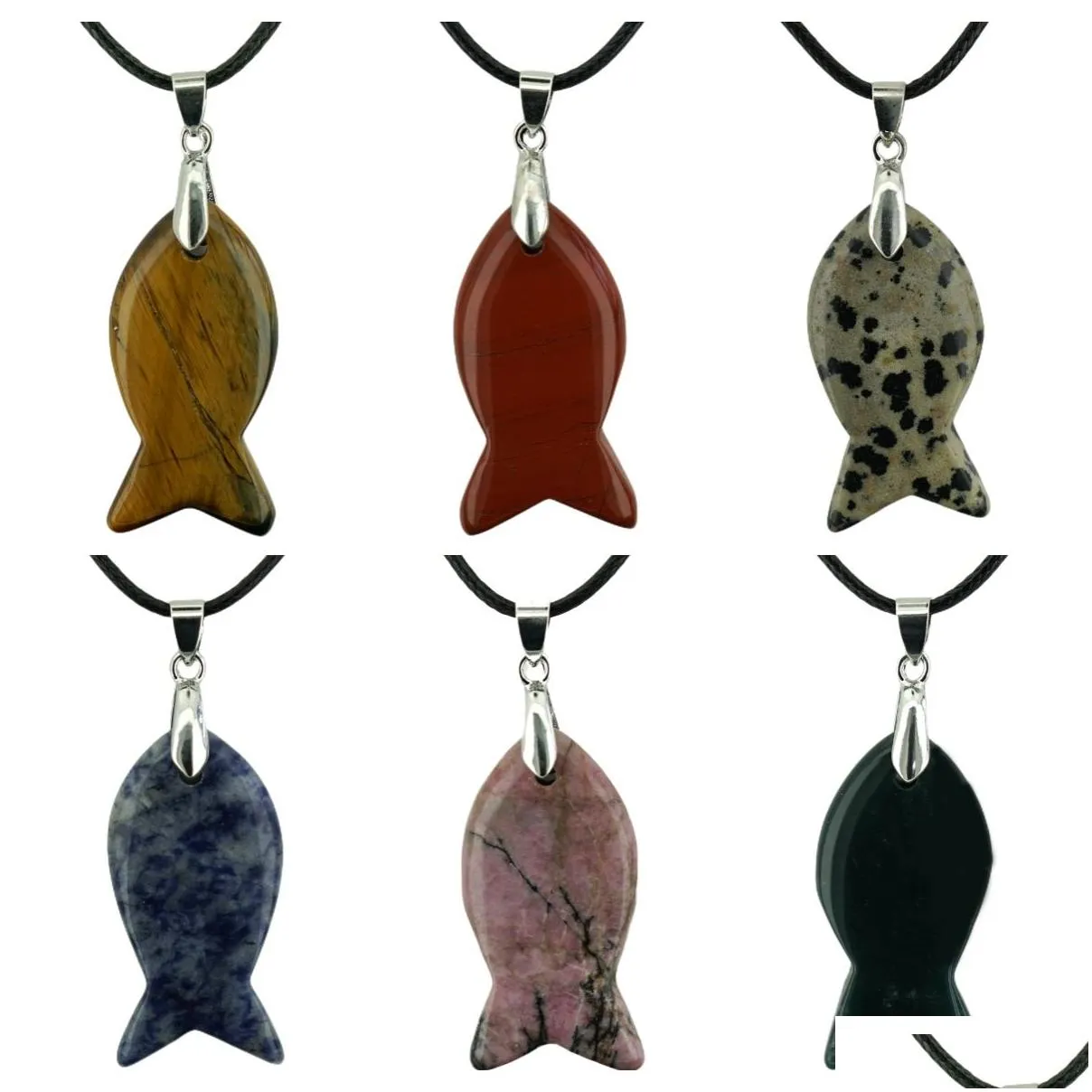 Fish Shaped Stone Pendant Necklace Various Natural Crystal Gemstone Charm Pendant Necklace for Men and Women