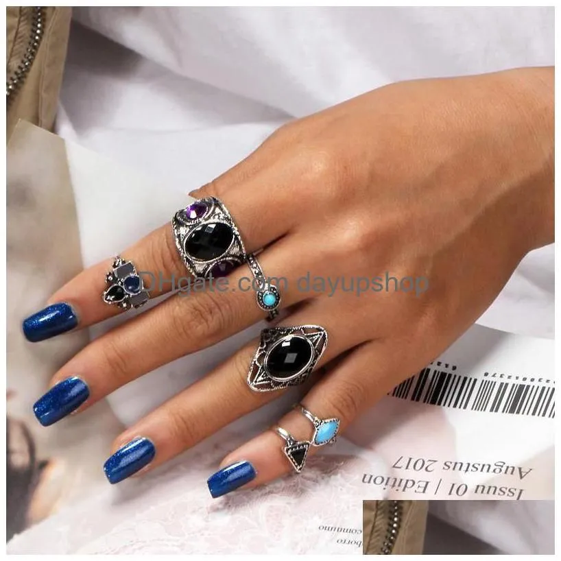 cluster rings classic black crystal round water drop geometrical vintage punk antique ring set lady charm costume jewelry accessories