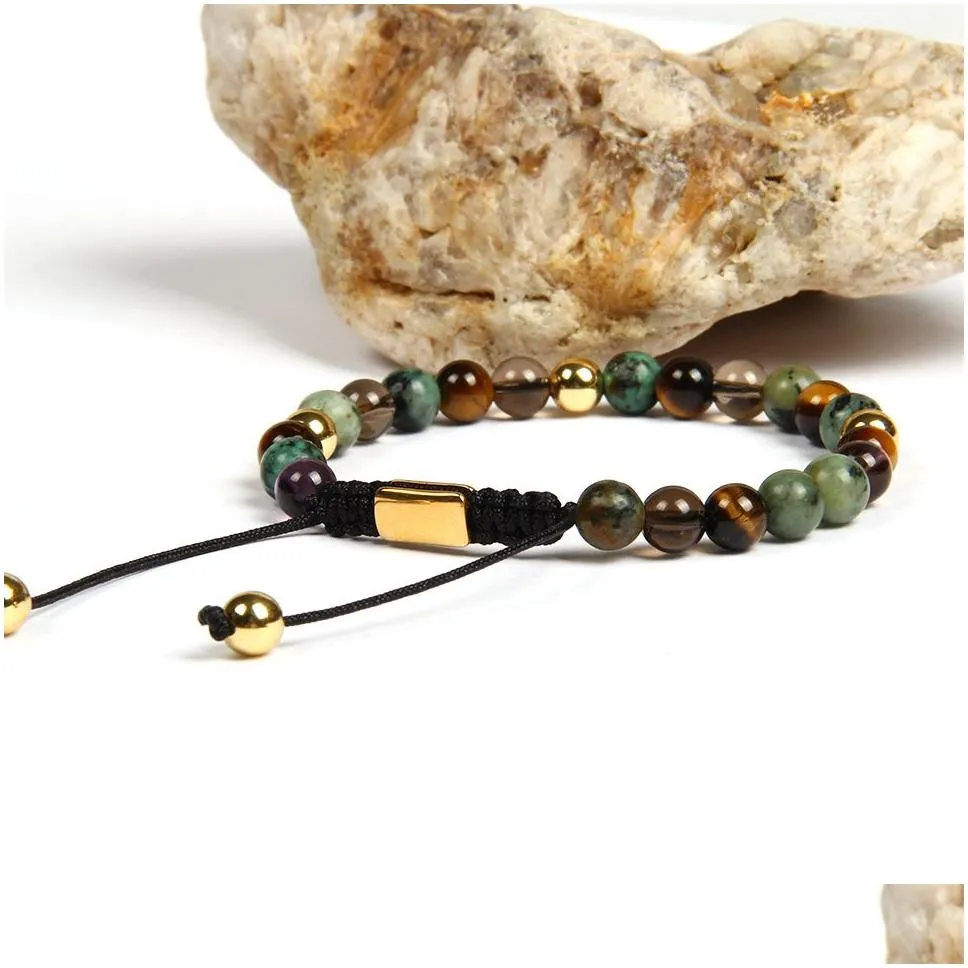 natural stone macrame braided yoga bracelet with 6mm tiger eye african stone beads stainless steel jewelry not fade