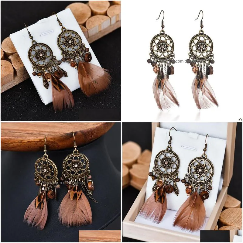 dangle & chandelier vintage feather earrings statement round hollow flower wood beads bohemian ethnic tassel earringsdangle