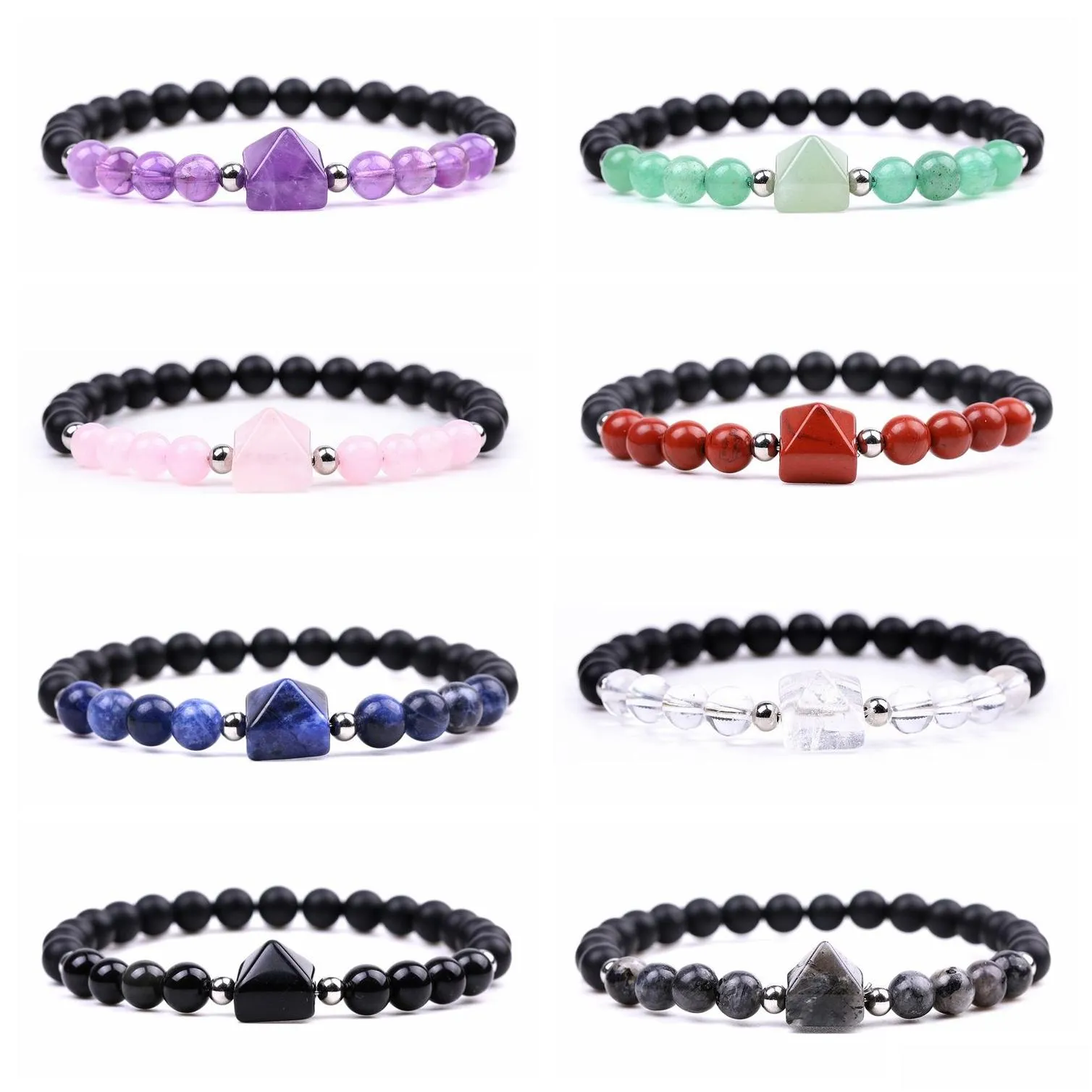 6mm Matte Agate Healing Crystal Pyramid Beads Strands Bracelets for Women Men Feng Shui Reiki Positive Energy Gemstone Metaphysical Bangle Chakra Orgone