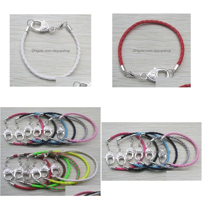 12pcslot silver plated heart clasp 1620cm fashion pu leather jewelry chains european diy bracelet mix color3051992