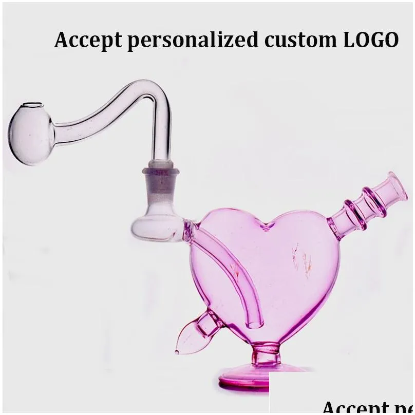 hand bubbler smoking water pipe hookahs pink heart oil burner bong dab rig for smoking accessories with 10mm glass oil burner pipe accept personalized custom