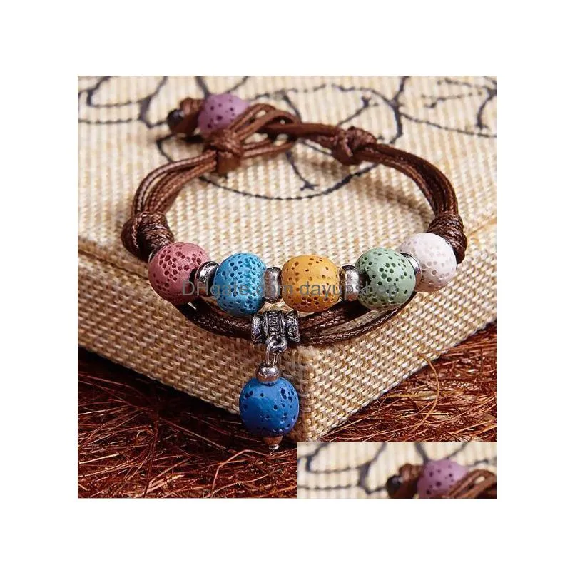 fashion bohemian multicolor lava stone bracelet for women men jewelry weave leather essential oil diffuser bracelet8062355