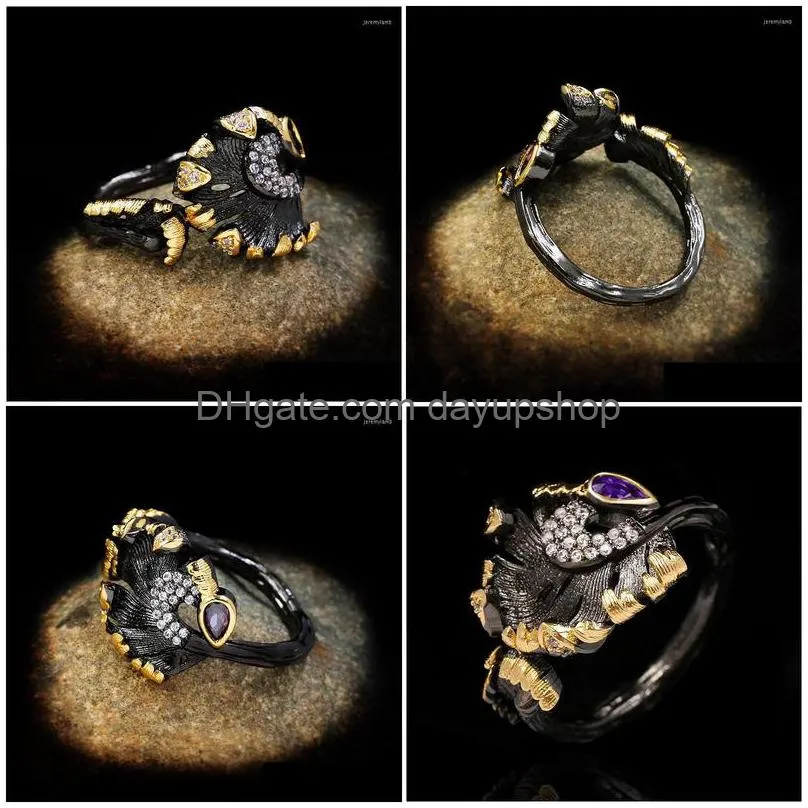 cluster rings cizeva italy jewelry vintage exaggerated black gold for women gothic amethyst tungsten wedding party christmas gifts
