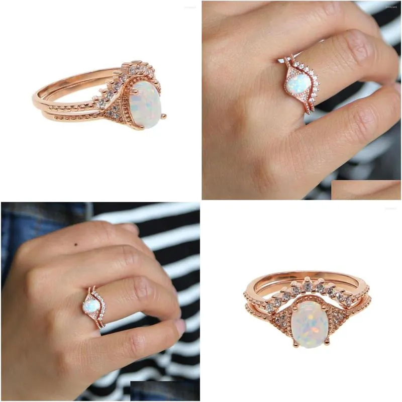 wedding rings rose gold color opal cubic zirconia for women shining big jewelry two-layer engagement set