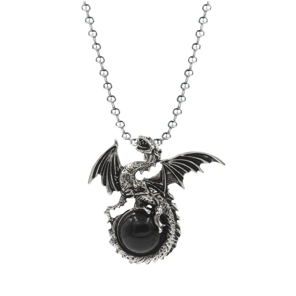 Vintage Fly Dragon Necklaces Stainless Steel Beaded Chain Natural Stone Crystal Pendant Necklace For Men Punk Jewelry