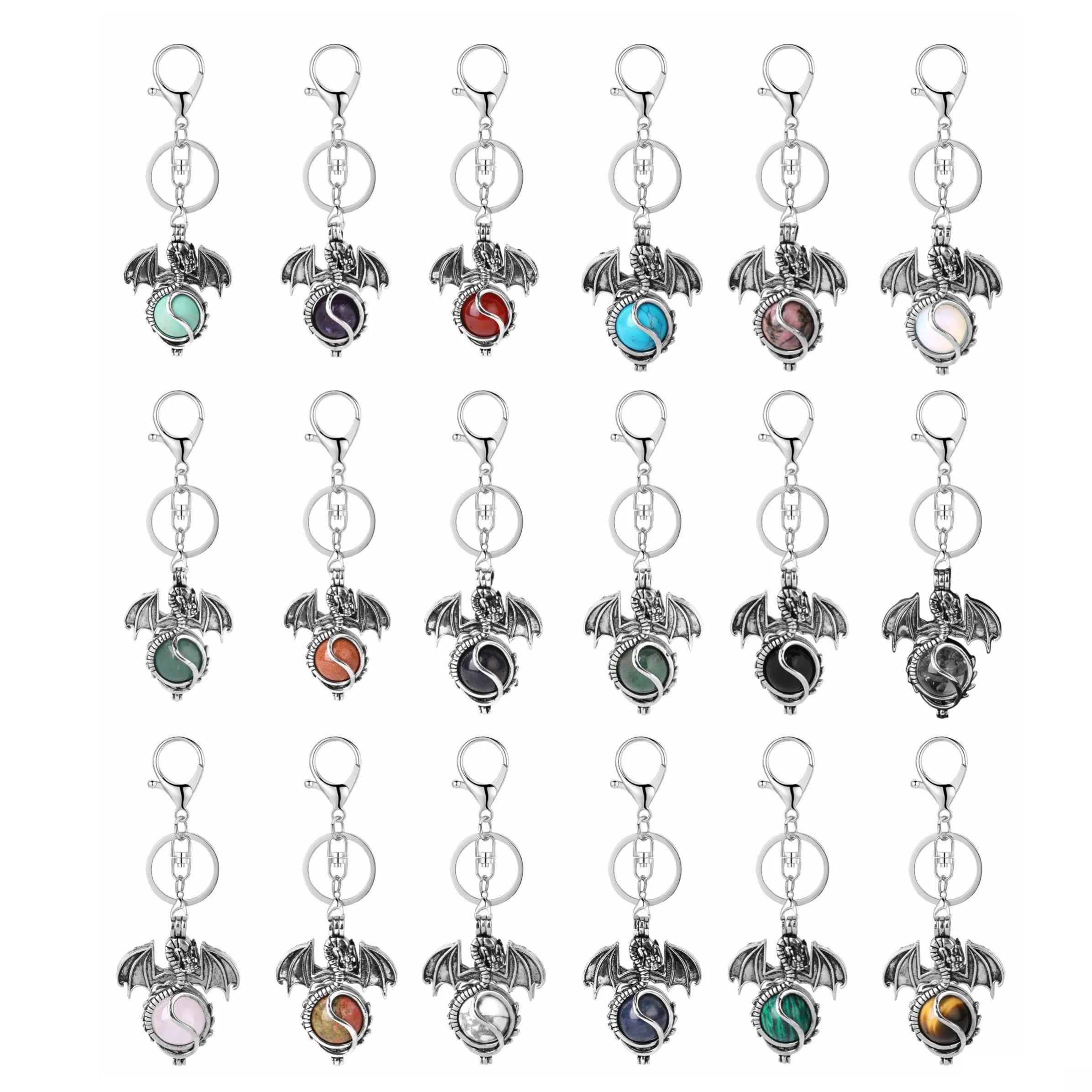 Silver Alloy Pterosaur Gemstone Pendant Keychain for Women Men Wings Dragon Chakra Reki Healing Crystal Tassel Keyring