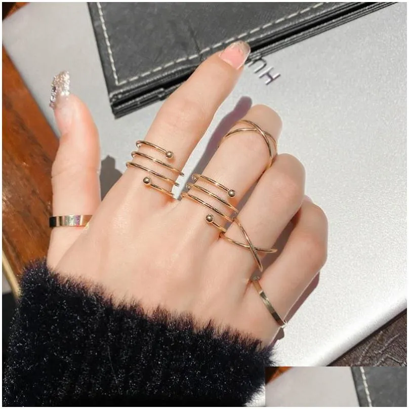 cluster rings 6pcs gold color round hollow geometric set for women fashion finger cross twist open ring joint female jewelry