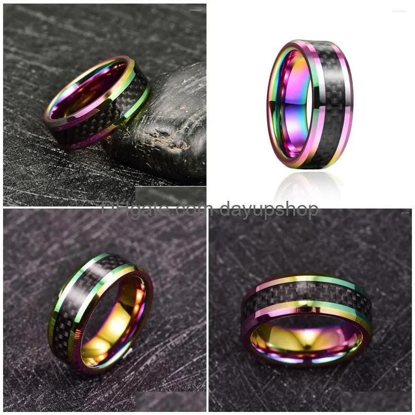 wedding rings 8mm colorful inlaid black carbon fiber tungsten ring high polish rainbow for men