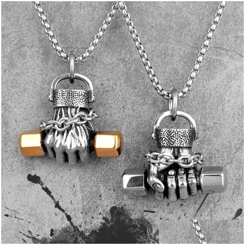 pendant necklaces fitness fist dumbbell men pendants chain punk for boyfriend male stainless steel jewelry creativity gift