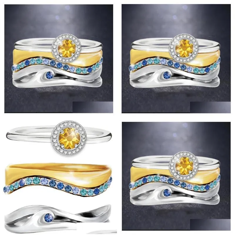 wedding rings punk male female crystal geometry big ring classic silver color engagement dainty yellow zircon for women