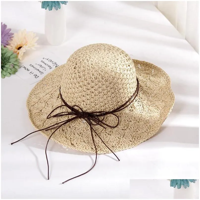 wide brim hats folding straw hat women`s summer outing sun visor holiday bow tie cool seaside beach tide hatswide