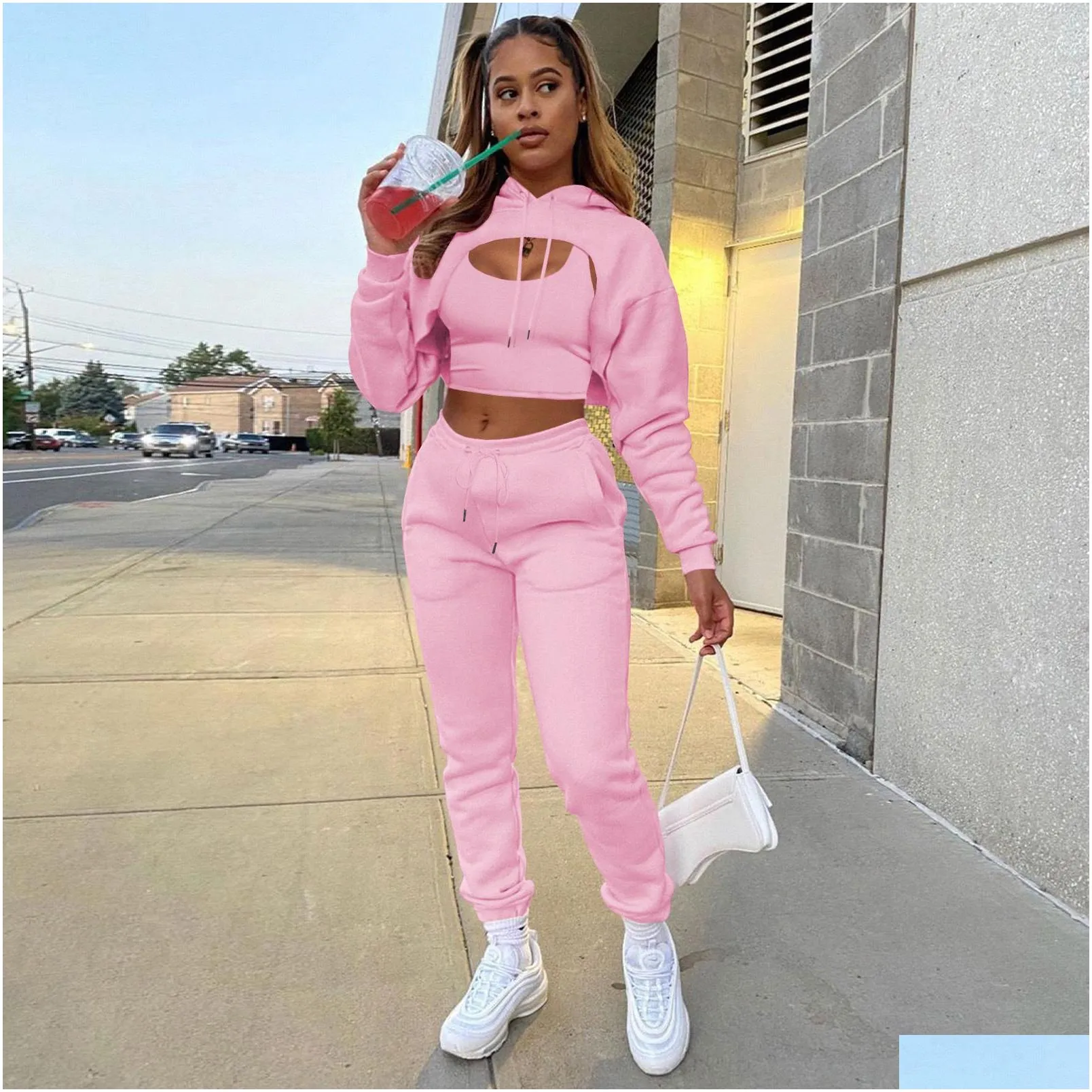 Women`s Two Piece Pants 3 Set Women Tracksuit Winter Fleece Hollow Out Hoodies Sweatshirt Cotton Vest Jogging Suit Classy Outfits