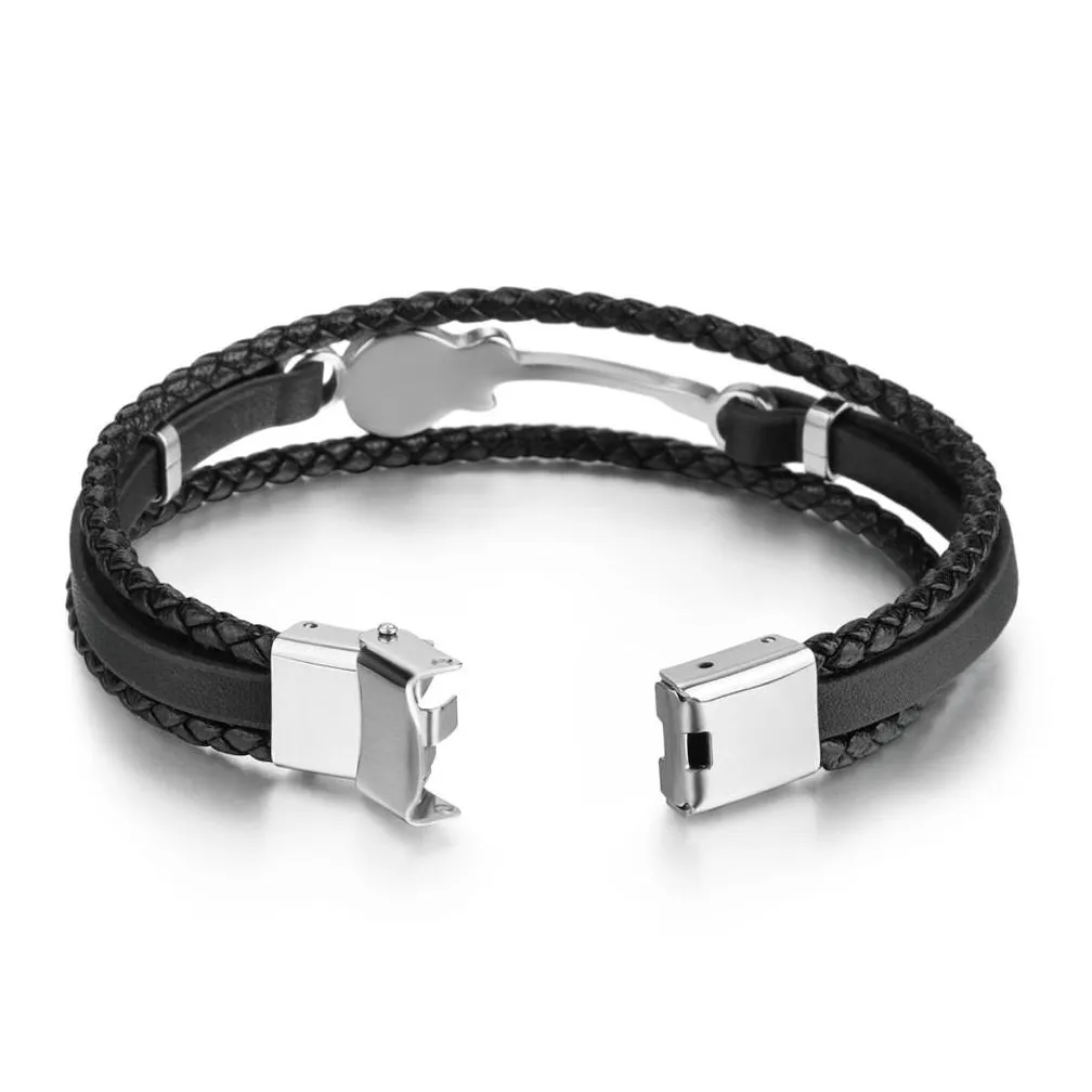 Unisex Stainless Steel Genuine Leather Guitar Bracelet Link Chain Handmade Braided Multi-Layer Wristband Musical Bracelet For Men Women, Music Enthusiast