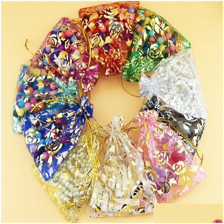 7x9cm gold heart rose organza jewelry pouches bags wedding voile gift christmas bag jewelry packaging ab611