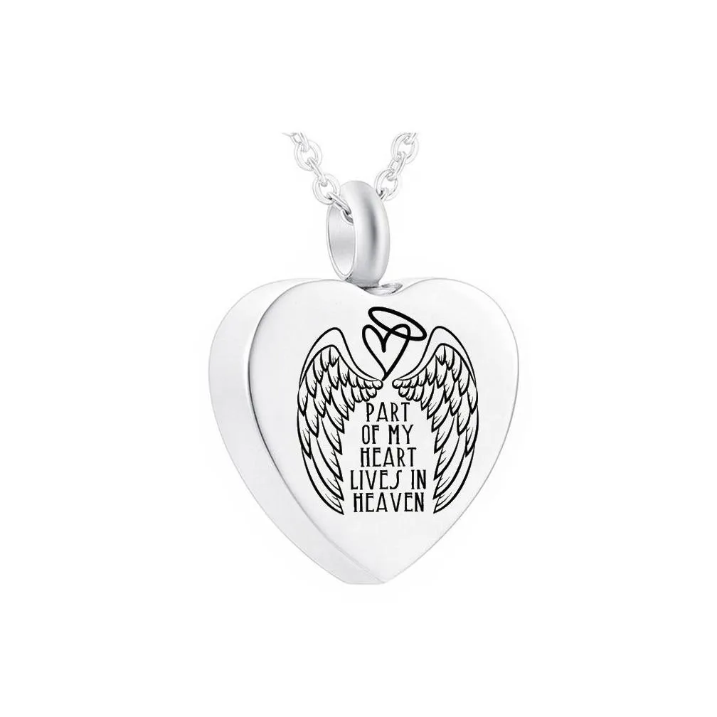 Wholesale stainless steel pendant necklace ashes urn commemorative items angel wings-Part of my heart lives in heaven