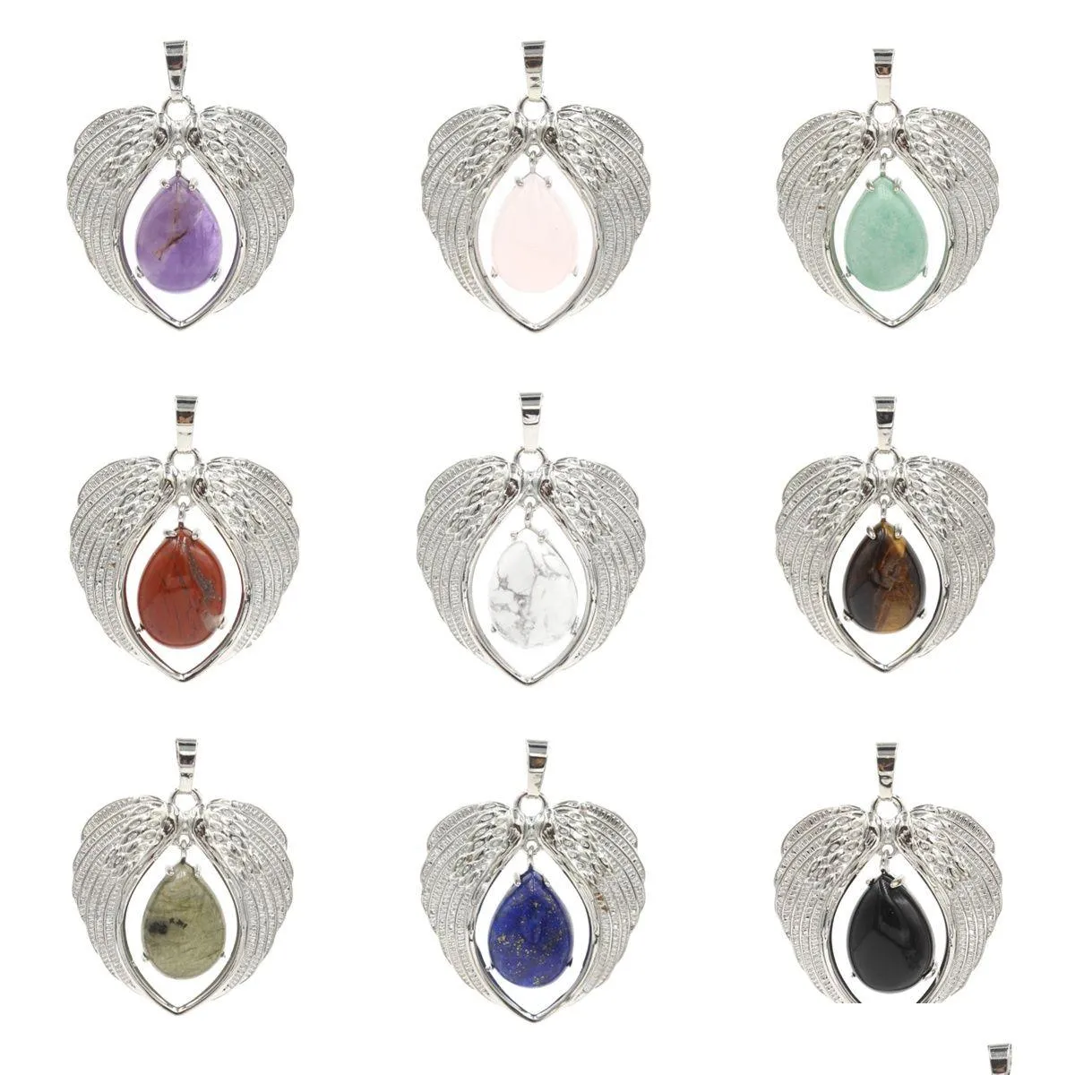 Silver Alloy Heart Gemstone Pendant for DIY Making Jewelry Angle Wings Teardrop Stone Choker Healing Chakra Crystal