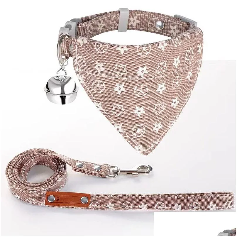 dog leash collar set - 2 pack embroidery pawprints plaid dog collars and leash  bandana collar with bell adjustable collar set for dogs cats outdoor
