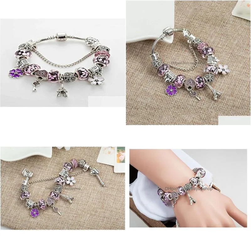 wholesale-charm bracelet 925 silver bracelets castle beads eiffel tower pendant bangle for gift diy jewelry accessories with