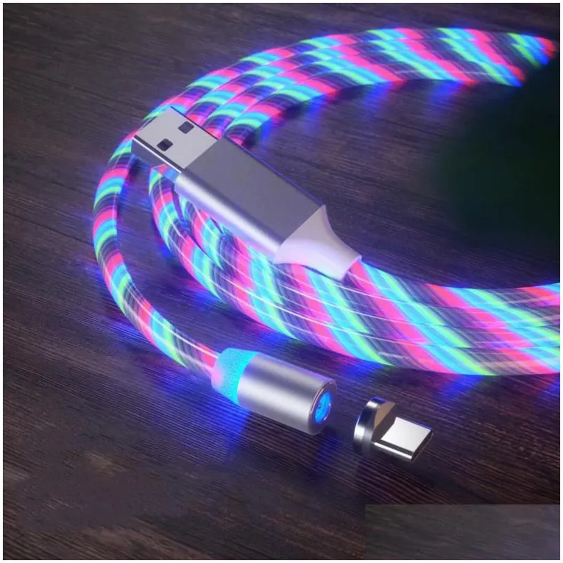 magnetic phone cables 3 in 1 fast  led flowing light type c cable quick charging line 2a micro usb cable chargers cord
