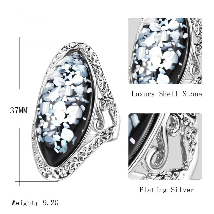 4 color vintage antique silver big oval shell finger ring for women female statement boho beach jewelry gift