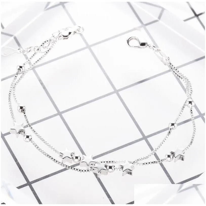 other bracelets 100% 925 solid real sterling silver fashion double layer star beads bracelet 17cm for women girl jewelry ds1211other