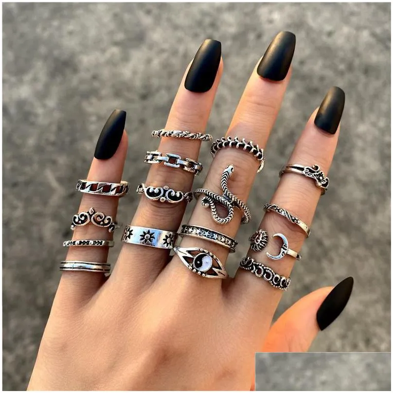 cluster rings fashion gothic moon star set women punk metal alloy heart angel finger ring for men lady party wedding jewelry gifts