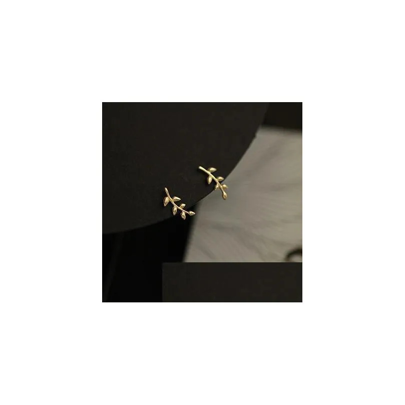 silver european style gold stud earrings for women simple olive branch leaf earring sweet cute student jewelry