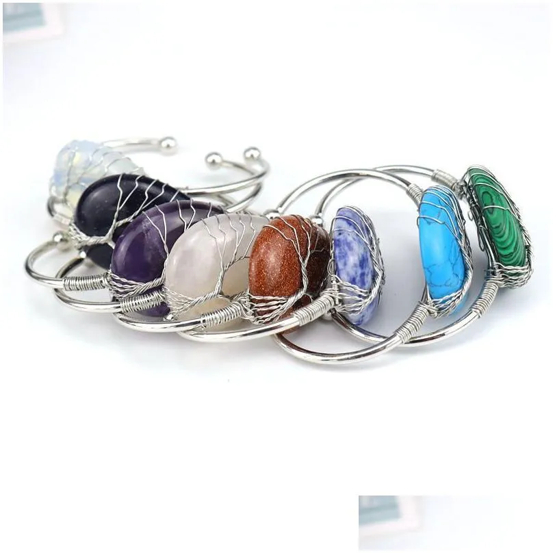 Natural Water drop Gemstone Cuff Bracelet for Women Girls Handmade Silver Wire Woven Lift of tree Healing Chakra Crystal Friendship Bangle Charms