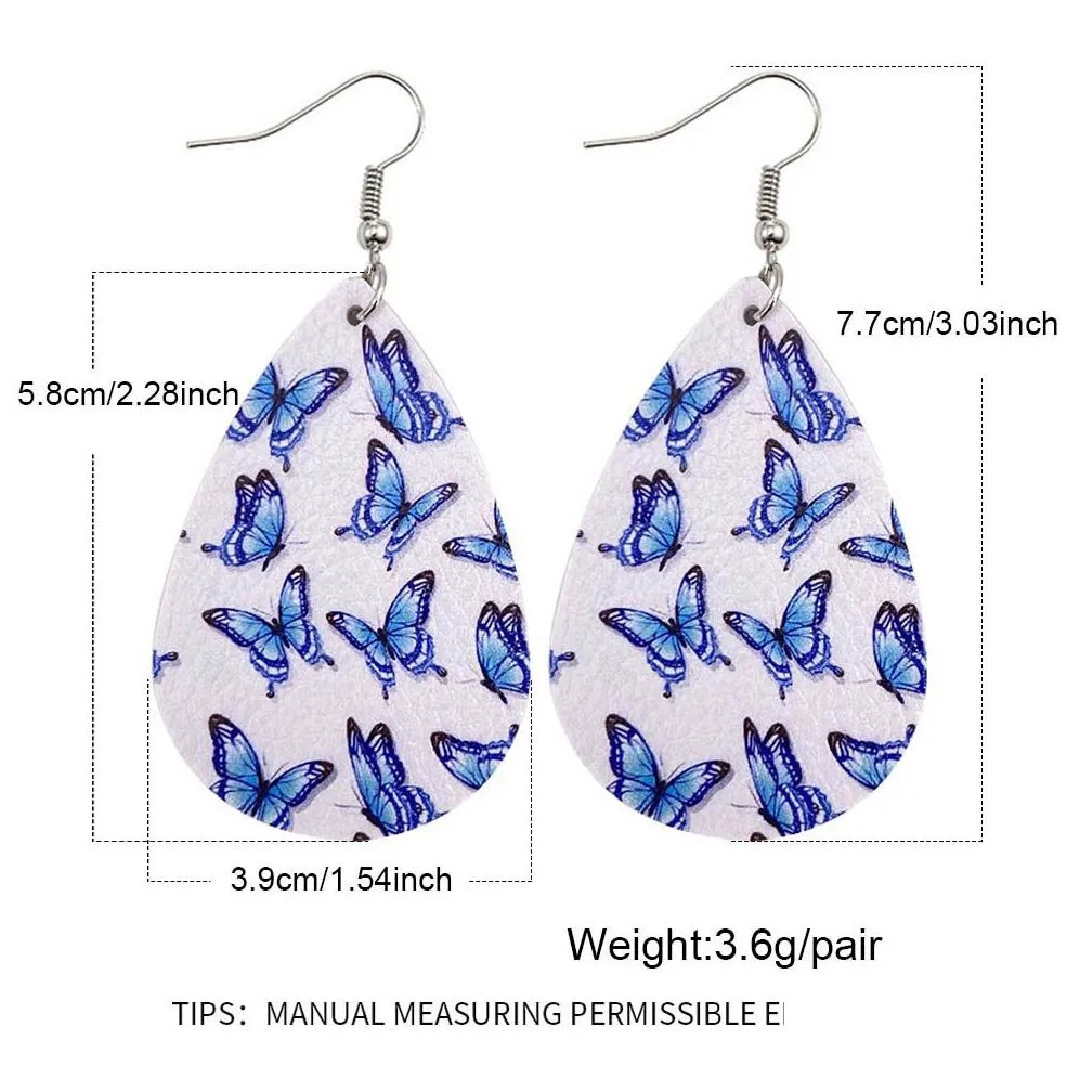 1pair butterfly print pu faux leather dangle earrings boho style teardrop drop pendientes earrings for women jewelry