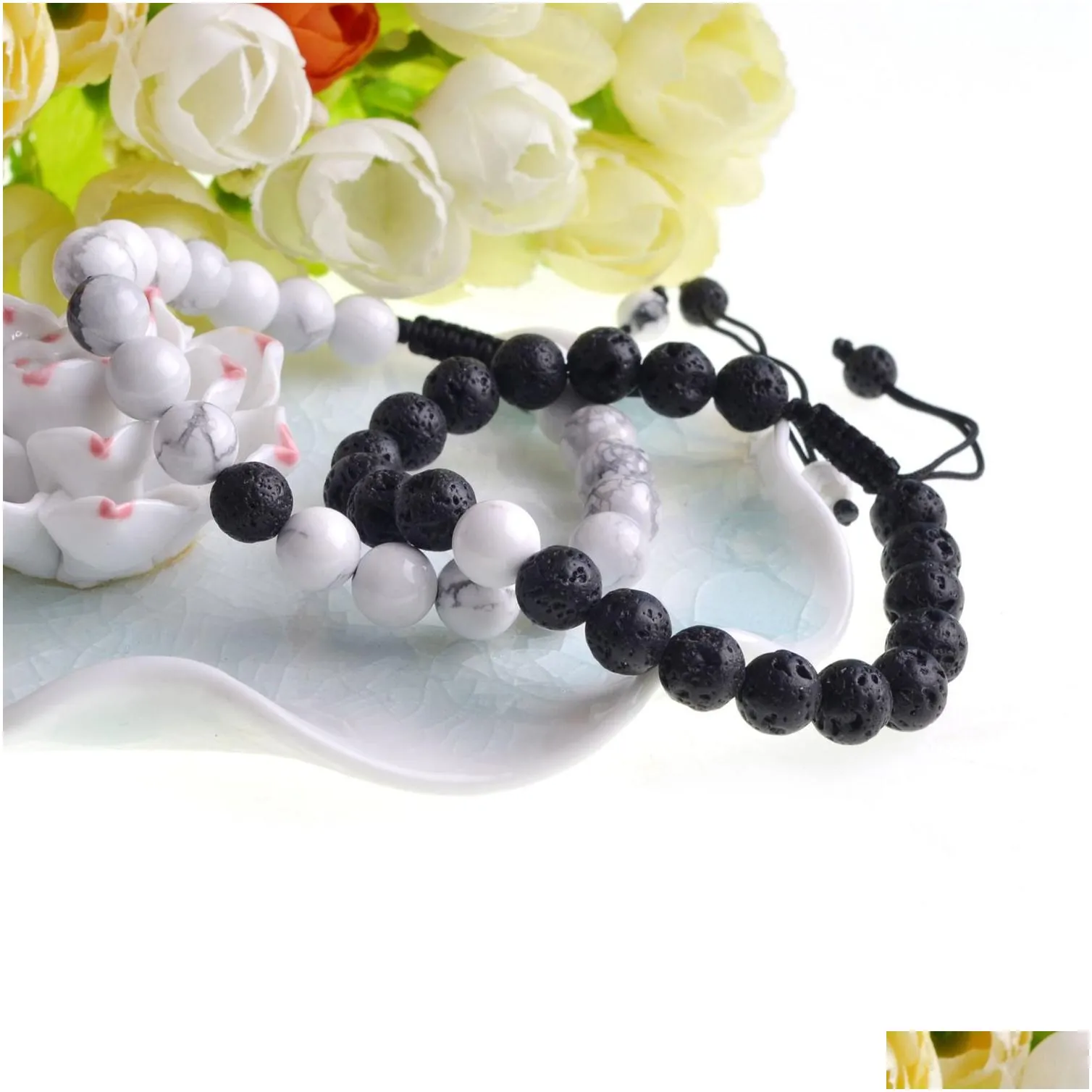 Braided rope bracelet set 2 lava beads white pine couple distance bracelet adjustable birthday Valentine`s Day gift