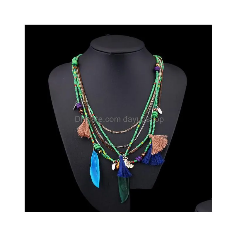 2019 fashion boho multilayer woven long tassel statement necklace pendants ethnic collar choker necklace women jewel4036390
