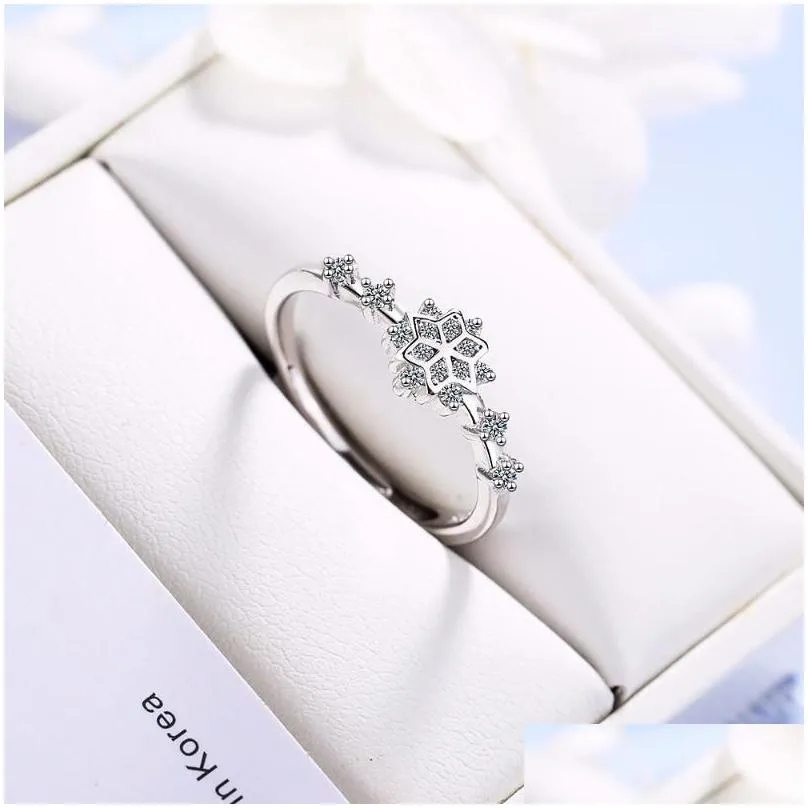 cluster rings creative zirconia snowflake flower  cute sweet 925 sterling silver female resizable opening sri365