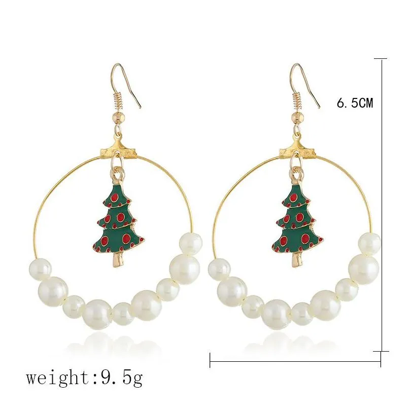 Wholesale Dangle Pearl Gold Enamel Drop Earrings Holiday Elk Cane Santa Clause Christmas Fashion Earrings