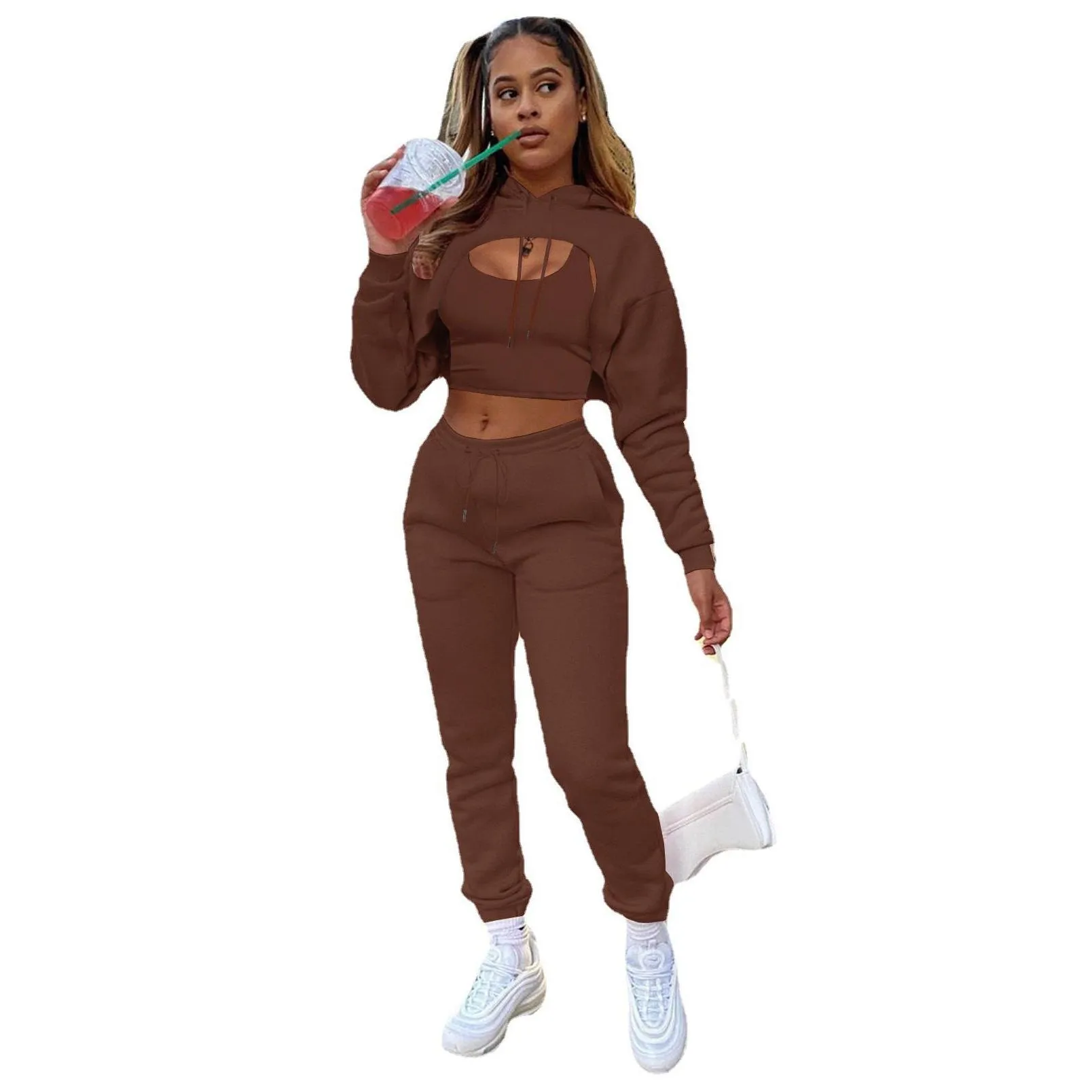 Women`s Two Piece Pants 3 Set Women Tracksuit Winter Fleece Hollow Out Hoodies Sweatshirt Cotton Vest Jogging Suit Classy Outfits