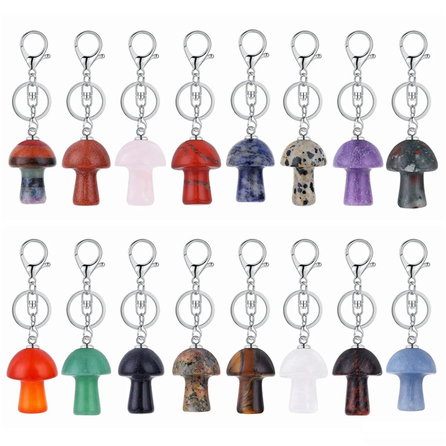 Healing Chakra Gemstone Mushroom Pendant Key Rings for Women Men Natural Quartz Crystal Rock Charm Choker Jewelry Bags Car Keychain